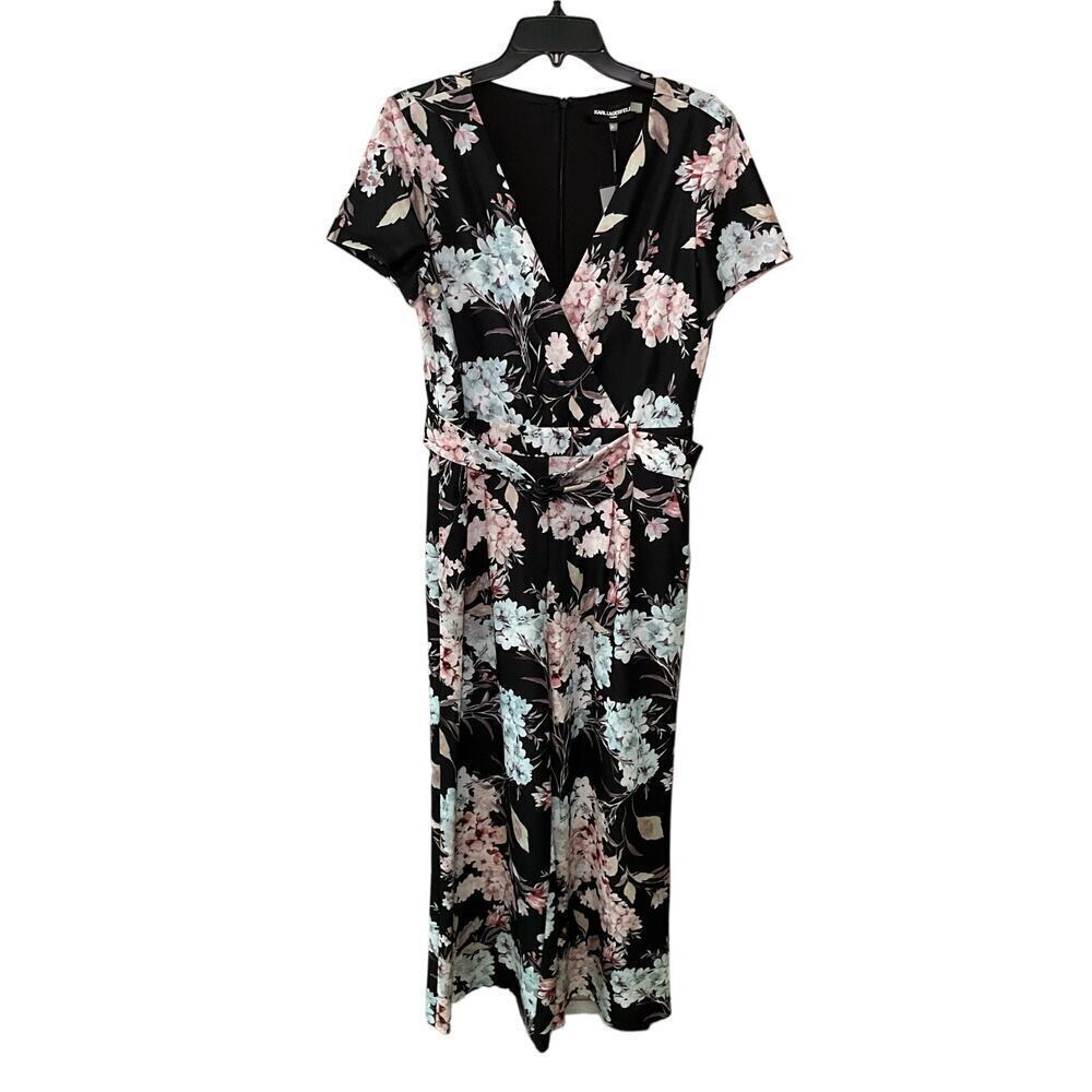 Karl Lagerfeld Jumpsuit Women's 10 Black Floral Cropped Wide-Leg Surplice‎ Neck